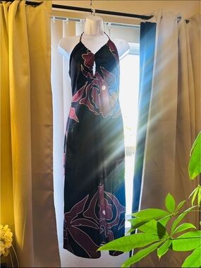 Black Halter Maxi Dress with Pink Floral Print. Satin